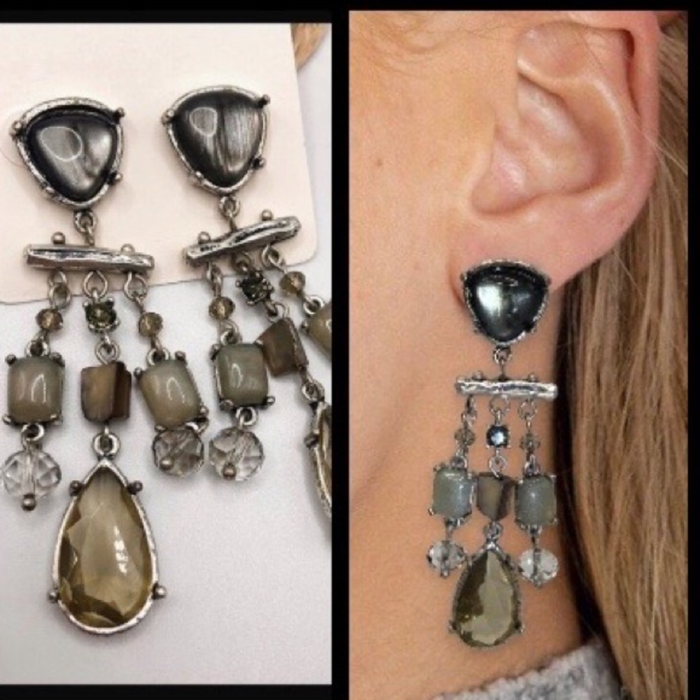 Clearance! Gray iridescent artisan sticks & stones boho chandelier earrings